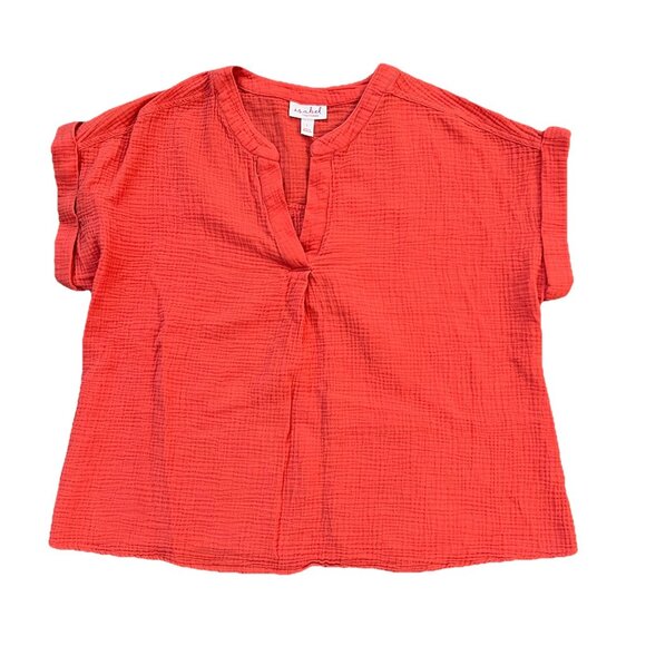 Isabel Maternity Women's Short Sleeve V Neck Gauze Top Size Large Coral Roll Tab - Picture 1 of 6